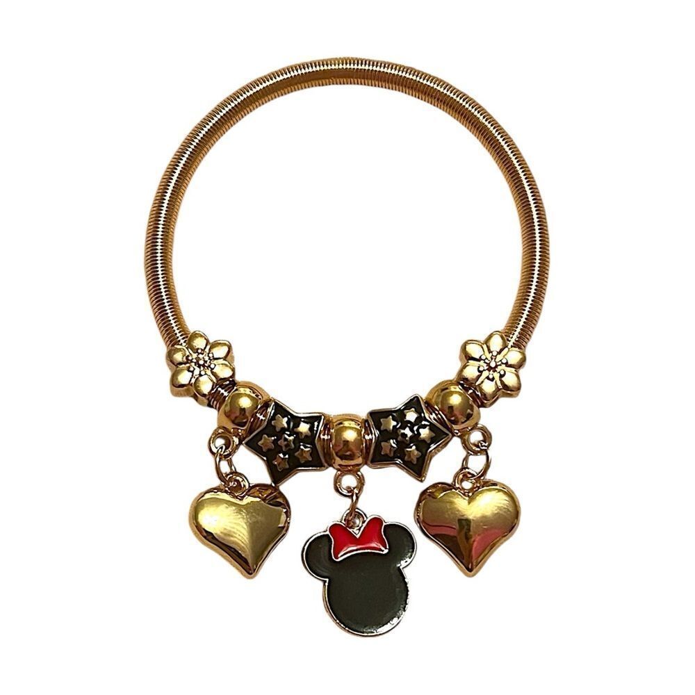 Black Minnie Mouse Heart Stretchy Gold Tone Charm Bracelet NWT